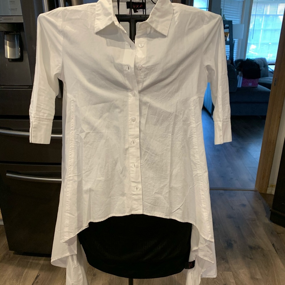 Luxe high-low white collared button down shirt